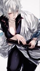 big_breasts canon_genderswap cleavage female female_only fully_clothed genderswap_(mtf) ginko_sakata gintama gintoki_sakata journeysaa katana kimono looking_at_viewer pale-skinned_female pale_skin pink_eyes red_eyes rule_63 short_hair smile solo sword white_hair