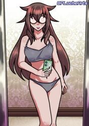 date_a_live pluchearts takajo_hiroki long_hair brown_hair glasses nerd otaku nerdy_female flat_chest small_breasts looking_at_viewer pink_lipstick photo phone mirror mirror_selfie sexting grey_underwear grey_bra solo_focus solo_female female_only female 1girl female_focus underwear light_skin light-skinned_female