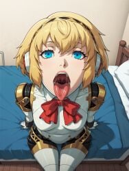 1girl 1girls ai_generated aigis_(persona) android blonde blonde_female blonde_hair blue_eyes bowtie breasts female female_focus female_only indoors jerkoff_visual_assistance light-skinned_female light_skin looking_at_viewer looking_up mouth mouth_open on_bed persona persona_3 robot robot_girl robot_humanoid self_upload sitting sitting_on_bed solo solo_female solo_focus thigh_gap thighs tongue tongue_out uvula viewed_from_above yellowstone7