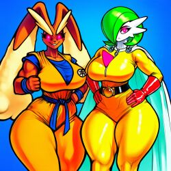 ai_generated big_ass breasts brown_fur cape curvaceous curvy_figure death_by_snoo_snoo death_by_snu_snu game_freak gardevoir glowing_eyes grinning hands_on_hips horny huge_ass huge_breasts lagomorph lopunny nai_diffusion nintendo orange_clothing pokemon pokemon_(species) rabbit red_eyes saitama smiling son_goku thick_ass voluptuous voluptuous_female white_skin wide_hips wide_thighs yellow_clothing yellow_fur
