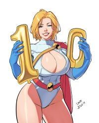 1girl 1girls balloon belt blonde_hair blue_eyes blue_gloves boobies boobs boobs_bigger_than_head cape celebration dc dc_comics female female_focus female_only gigantic_breasts huge_boobs huge_breasts huge_thighs lipstick muukitta power_girl red_cape sam_oliver short_hair solo solo_female solo_focus superheroine superman_(series) thick_thighs thighs