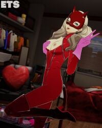 1girls ann_takamaki bed bedroom blonde blonde-haired_female blonde_female blonde_hair blonde_hair_female blue_eyes breasts breasts_out eulathighstraps no_bra one_eye_closed one_eye_open peace_sign persona persona_5 phantom_thief_suit pink_nipples solo solo_female solo_focus teasing teasing_viewer teenage_girl teenage_tits teenager tongue