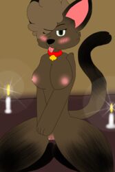 2017 anthro bed bedroom bedroom_eyes bell blush breasts brown_fur burning_candles candles cat_tail clitoris collar feline female fur green_eyes hair half-closed_eyes invalid_tag looking_at_viewer mammal nipples nude one_eye_closed paws presenting presenting_pussy pussy seductive short_hair simple_background sitting smile solo tongue tongue_out white_candles wink