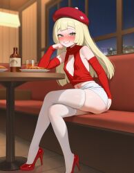 ai_generated beautiful_girl blonde_female cleavage crop_top drunk flat_chest green_eyes heavenly_ass heavenly_body high_heels lillie_(pokemon) long_socks miniskirt perfect_ass petite_female pokemon pretty_girl restaurant sexy slim_female slim_waist slutty_body slutty_female temptation tempting_viewer