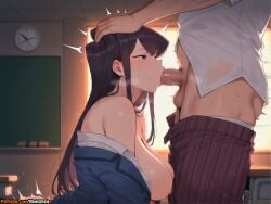 1girl anime_girl ai_assisted ai_generated anime anime_style artist_name hi_res highres patreon patreon_username uncensored watermark rinkoai komi-san_wa_komyushou_desu komi_shouko long_hair breasts blush bangs large_breasts shirt black_hair 1boy bare_shoulders underwear nipples school_uniform jacket white_shirt hetero sweat penis solo_focus pants indoors off_shoulder black_eyes from_side saliva clothes_pull erection oral testicles trembling blazer fellatio blue_jacket desk hand_on_another's_head classroom pants_pull chalkboard red_pants