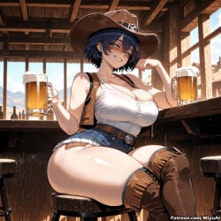 1girl ai_assisted ai_generated bangs bare_shoulders belle_(zenless_zone_zero) belt boots breasts building cleavage cloud collarbone cowgirl cowgirl_outfit curvaceous curvy curvy_female curvy_figure day denim denim_shorts female green_eyes grin hat huge_breasts looking_at_viewer miyuai outdoors short_hair short_shorts shorts sitting sky smile solo tagme thick thick_ass thick_butt thick_hips thick_legs thick_thighs thigh_boots thighhighs thighs voluptuous voluptuous_female wide_hips wide_thighs zenless_zone_zero