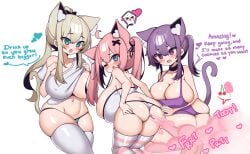 3girls actfourteen alternate_version_available apron apron_only aroused ass big_ass big_breasts bikini blue_eyes blush blushing breasts breasts_bigger_than_head cat_ears cat_girl cat_tail catgirl dialogue embarrassed fart fart_cloud fart_fetish farting fat_ass fat_thighs female female_only gas gassy horny huge_breasts kyouka_(actfourteen) large_ass large_breasts lowres molly_(actfourteen) multiple_females multiple_girls panties pink_hair purple_fart purple_hair purple_panties sayaka_(actfourteen) shirt_lift shirt_up spread_ass spreading text_bubble unusual_fart white_background