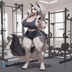ai_generated hellaverse helluva_boss loona_(helluva_boss) canid canid_demon canine canis demon hellhound mammal wolf hi_res anthro big_breasts black_nose bottomwear bra breasts claws clothing female fluffy fluffy_tail fur grey_body grey_fur gym_bottomwear gym_clothing gym_equipment gym_shorts hair holding_object holding_phone inside muscular muscular_female muscular_thighs open_mouth paws phone red_sclera shorts solo sports_bra standing tail towel underwear white_body white_fur white_hair window yawn