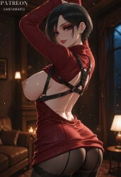 1girl ada_wong ai_generated arms_up artist_name asian asian_female ass back back_cutout backless_dress backless_outfit bare_back black_hair black_panties black_pantyhose blurry_background breasts breasts_out brown_eyes brown_pantyhose chest_harness clothes_lift clothing couch cowboy_shot curtains dress earrings eyeshadow female from_behind garter_straps harness indoors jewelry lace_trim lamp large_breasts legwear light_particles lips lipstick long_sleeves looking_at_viewer looking_back makeup night nipples no_bra panties pantyhose parted_lips piercing red_dress red_eyeshadow red_lips red_sweater resident_evil resident_evil_4 resident_evil_4_remake ribbed_sweater short_hair smile solo standing sweater sweater_dress thighhighs turtleneck turtleneck_sweater twisted_torso underwear vantawaifu window