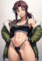 1girls ai_generated big_breasts bikini female female_only jacket revy_(black_lagoon) smoking tattooed_arm