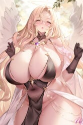 nanoda002_(saber427) huge_breasts long_hair angel angel_wings wings breasts cleavage bare_shoulders blonde_hair blush yellow_eyes see-through female_only navel revealing_clothes pelvic_curtain gloves halo looking_at_viewer glasses no_panties original