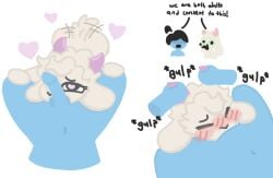 anthro blue_body blush blushing_profusely bodily_fluids body_worship bovid caprine cum cum_in_mouth cum_inside deltarune disembodied_hand duo explicitly_stated_consent eyes_closed fellatio floating_hands fluffy fur genital_fluids genital_worship genitals goat hand_on_leg head_between_thighs heart_eyes heart_symbol hi_res horn horn_grab human human_on_anthro interspecies kneeling kneeling_oral_position kris_(deltarune) kris_dreemurr looking_at_viewer looking_back male male/male male_anthro mammal multiple_scenes navel nobuddy nude_anthro nude_human nude_male oral penile penis penis_in_mouth penis_on_face penis_worship pink_horn ralsei sex spread_legs spreading swallowing tail tail_motion tailwag undertale_(series) white_body white_fur
