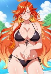1girls 2d 2d_(artwork) ai_generated alternate_costume big_breasts bikini bikini_bottom bikini_top black_bikini black_bikini_bottom black_bikini_top black_swimsuit blush bra breasts cleavage_cutout clouds day female female_focus female_only front_view genshin_impact huge_breasts light-skinned_female light_skin long_hair looking_at_viewer mature mature_female mavuika_(genshin_impact) natlan_girls outdoors perfect_body pool red_eyes red_hair sexy sky slim_girl smiling smiling_at_viewer solo solo_female solo_focus standing swimsuit thong thong_bikini two-tone_hair two_piece_swimsuit voluptuous voluptuous_female water yellow_hair