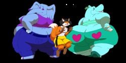 animated butt_sandwich earrings elephant hippopotamid huge_ass jeans kazecat larger_female multiple_girls shorts smaller_male solo_male
