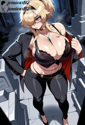 1girl abs ai_generated bare_shoulders black-framed_eyewear black_bra black_footwear black_hairband black_jacket black_panties black_pants blonde_hair blue_eyes blush bra breasts choker cleavage clothing collarbone english_text female formal full_body glasses goddess_of_victory:_nikke gold_chain gold_choker grave_(nikke) graveyard hair_over_one_eye hairband hand_on_own_hip high_heels highleg_panties huge_breasts jacket jennieart02 jewelry large_breasts long_hair long_sleeves midriff navel necklace off_shoulder open_clothes open_jacket outdoors panties pants patreon patreon_logo patreon_username pinstripe_pattern pinstripe_suit ponytail semi-rimless_eyewear sidelocks single_bare_shoulder solo standing stomach striped_jacket striped_pants suit sweat thighs tombstone twitter twitter_username underwear vertical-striped_pants watermark
