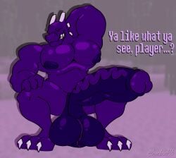 3_toes anthro big_penis claws crouching darkened_genitalia dragon ender_dragon english_text feet genitals hand_behind_head hi_res huge_penis hyper hyper_genitalia hyper_penis male microsoft minecraft mojang muscular muscular_male mythological_creature mythological_scalie mythology penis purple_body scalie solo text toe_claws toes vein veiny_penis wsg_clover xbox_game_studios