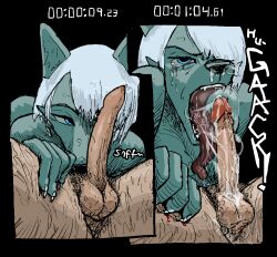 anthro balls blood blue_body blue_eyes bodily_fluids bubble canid canine claws deep_throat duo excessive_saliva fangs fellatio female foreskin gagging gagging_on_penis genital_fluids genitals hair hieronymusjohnson human leg_grab makeup male male/female mammal mascara onomatopoeia open_mouth oral oral_penetration penetration penile penis penis_sniffing precum precum_string pubes running_makeup running_mascara saliva saliva_bubble saliva_on_penis saliva_on_tongue sex sniffing snot snot_bubble sound_effects stray_pubes tears teeth text thigh_grab thin_penis tongue tongue_out white_hair