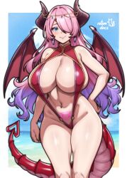 beach blue_eyes breasts cleavage cloud demon_girl demon_horns demon_wings earrings horns huge_breasts jewelry long_hair navel ocean pink_hair pubic_tattoo rotomdocs smile swimsuit tail tattoo wings