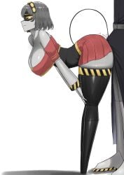 1boy 1girls ass_on_crotch bending_over big_breasts boner boner_under_clothes breasts cheerleader cheerleader_uniform clothing first1.01 glitch_productions hands_on_knees murder_drones n_(murder_drones) robot robot_boy robot_girl robot_humanoid silver_hair thick_thighs thighs v_(murder_drones) yellow_eyes
