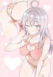 1girl absurdres ahoge alisa_mikhailovna_kujou ass ass_visible_through_thighs audirenze blue_eyes bra breasts cameltoe cleavage clothing_cutout collarbone commentary grey_hair groin heart_cutout highres large_breasts long_hair multiple_views navel one_eye_closed panties pink_bra pink_panties red_ribbon ribbon smile stomach tokidoki_bosotto_roshia-go_de_dereru_tonari_no_alya-san tokidoki_bosotto_russian_de_dereru_tonari_no_alya-san underwear