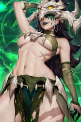 black_hair black_lips breasts collar earrings female_torso green_eyes hela hela_(marvel_rivals) hela_(savage_monarch) long_hair looking_at_viewer marvel marvel_rivals navel neoartcore official_alternate_costume revealing_clothes scar skull smile solo