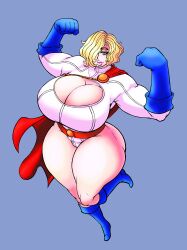 blonde_hair blue_boots blue_eyes blue_gloves boob_window cape dc dc_comics hair_covering_eye huge_breasts huge_butt huge_thighs ivanpanced_(artist) leotard looking_at_viewer power_girl self_upload simple_background superman_(series) thick_lips wide_hips