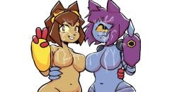 2girls kit_(gameoverse) malice_(gameoverse) gameoverse cat_girl big_breasts nude peace_sign v_sign smile melonmiloc yuri looking_at_viewer side_by_side bukkake cum_on_body cum_on_breasts