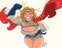 1girls bending_over big_breasts blonde_hair blue_eyes blue_gloves boob_window breasts cape cleavage cleavage_cutout cosplay dc dc_comics female female_only gloves huge_breasts karen_starr large_breasts leotard light-skinned_female light_skin medium_hair missfaves power_girl power_girl_(cosplay) power_girl_cosplay_pose_(missfaves) real_person red_cape smile solo superheroine superman_(series) thick_thighs thighs white_leotard wide_hips flancortes
