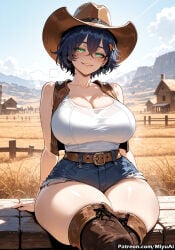 belle_(zenless_zone_zero) zenless_zone_zero cowgirl cowgirl_outfit miyuai ai_generated ai_assisted thick_thighs thick_ass thick thick_legs thick_hips thick_butt wide_hips wide_thighs voluptuous voluptuous_female curvy curvy_figure curvaceous curvy_female female breasts hat 1girl shorts smile solo rating:safe short_hair boots belt thighhighs looking_at_viewer outdoors thighs green_eyes sitting short_shorts denim cleavage collarbone thigh_boots huge_breasts building sky cloud day denim_shorts grin bare_shoulders bangs
