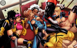 2dswirl 5boys anal anus bisexual_male black_skin blonde_hair blue_skin bodysuit breast_cutouts brown_hair clenched_teeth clitoral_stimulation clothing_cutout colored_skin colossus_(x-men) crotch_cutout cyclops_(x-men) fellatio finger_in_another's_mouth grey_skin group_sex head_back head_out_of_frame highres imminent_penetration imminent_vaginal jubilee kitty_pryde magik_(x-men) male_pubic_hair marvel multiple_boys muscular muscular_female muscular_male nightcrawler oral orgy pink-tinted_eyewear pubic_hair pussy spitroast storm_(x-men) sunglasses sunspot_(x-men) superhero_costume tail tail_around_neck teeth tinted_eyewear v vaginal wolverine_(x-men) x-men