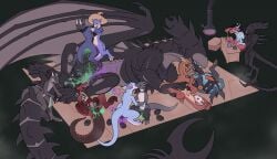 2_penises alien alien_(franchise) anthro being_watched black_body blue_body bodily_fluids clothing colored_cum cum cum_inside cum_on_self dark_(xenodragon21) dark_the_xenodragon dragon ejaculation eyeless female feral genital_fluids genitals glimchip green_cum grey_body group group_sex hat headgear headwear hi_res hybrid kissing knot knotted_penis kobold larger_feral larger_male looking_at_another male male/female male/male membrane_(anatomy) membranous_wings multi_genitalia multi_penis mythological_creature mythological_scalie mythology oral oral_penetration orange_body orgy penetration penis purple_body purple_cum red_body scalie sex size_difference tail tongue unusual_bodily_fluids unusual_cum unusual_genital_fluids wings wizard_hat xenomorph