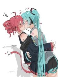 blue_hair hatsune_miku kasane_teto kissing lesbian_kiss red_hair teal_hair utau vocaloid yuri