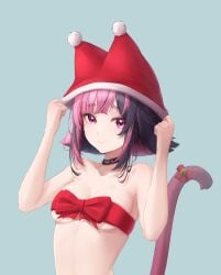 1girl 1girls bicolored_hair black_hair cat_tail catgirl chocker extromox female female_only gift_wrapped hispanic_virtual_youtuber implied_nudity indie_virtual_youtuber looking_at_viewer medium_breasts pink_hair ribbon ribbon_on_tail santa_hat simple_background solo solo_female solo_focus suwie virtual_youtuber