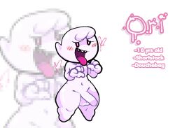super_mario_bros. boo_(mario) white_body purple_eyes blushing blush_lines looking_at_viewer white_hair tongue_out sharp_teeth bottom_heavy_femboy bottom_heavy bottom_heavy_male thick_thighs no_feet flaccid_penis self_upload character_sheet hearts_around_head