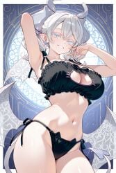 ai_generated aionyx aionyx_aiart animal_bikini armpits arms_up bikini_bottom bikini_top bra cat_bikini cat_panties cleavage curvy demon demon_girl demon_horns duel_monster earrings frilled_bikini fringe hand_near_face hips horns indoors konami labrynth_of_the_silver_castle light_skin lingerie looking_at_viewer looking_down lovely_labrynth_of_the_silver_castle low-angle_view navel pointy_ears pose princess queen seductive_smile silver_eyes smile standing tail teeth twin_drills twintails underwear white_hair wings woman younger_female yu-gi-oh!