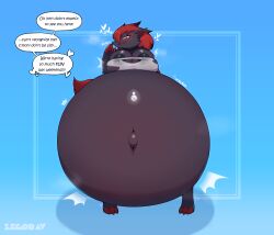 2026 absurd_res anthro artist_name belly big_belly big_breasts black_body black_nipples blue_eyes bodily_fluids breasts clothing colored digital_media_(artwork) english_text female generation_5_pokemon hair hi_res huge_belly huge_breasts hyper hyper_belly hyper_breasts hyper_pregnancy lactating looking_at_viewer navel nintendo nipples outie_navel pokemon pokemon_(species) pregnant pregnant_anthro pregnant_female red_hair shaded standing text torn_clothing zegorav zoroark