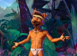 1boy 2026 ai_generated artist_request bulge dreamworks edit forgotten_island gay jockstrap jungle male male_only outdoors raww_(forgotten_island) screencap solo weredog