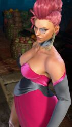 1girl 3d bare_shoulders basket black_choker breasts choker cleavage clothing collarbone crimson_viper dark-skinned_female dark_skin dress earrings elbow_gloves eyeshadow female food fruit glasses gloves grey-framed_eyewear grey_gloves hair_slicked_back jewelry large_breasts lips lipstick looking_at_viewer makeup mature_female monocle multicolored_clothes multicolored_dress no_bra nose pince-nez pineapple pink_dress pink_hair pompadour purple_dress red_hair scouter screenshot sf_screenshot short_hair side_slit solo standing strapless strapless_dress street_fighter_6 tinted_eyewear two-tone_dress
