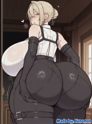 1girl 1girls absurd_res absurdres ai_generated alternate_ass_size alternate_breast_size ass_focus ass_support black_gloves black_pants blonde_hair collared_shirt comfyui curvy curvy_female curvy_figure earrings elbow_gloves evelyn_chevalier female female_only french_braid from_behind gigantic_breasts grabbing_own_ass hair_between_eyes hair_bun hair_intakes heart high-waist_pants highres hourglass_figure hourglass_figured_female hoyoverse huge_ass huge_breasts looking_back massive_breasts mature_female mihoyo milf mole_under_eye motion_lines narrow_waist outline purple_eyes shiny_skin short_hair sleeveless_shirt solo solo_female solo_focus stable_diffusion steaming_body sweat thick_thighs thigh_strap thighs video_games wet white_shirt wide_hips xenomon zenless_zone_zero
