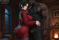 1boy 1girl ada_wong ai_generated artist_name asian asian_female ass ass_grab backless_dress backless_outfit bare_shoulders belt biceps black_belt black_hair black_pants black_pantyhose black_shirt blurry_background breasts brick_wall bulge chest_harness closed_mouth clothing curtains dark-skinned_male dark_skin depth_of_field dress earrings erection erection_under_clothes eyeshadow female fingernails fire fireplace from_side harness head_out_of_frame height_difference hetero indoors interracial jewelry large_breasts long_sleeves looking_at_viewer makeup male manly muscular muscular_male nail_polish night pants pantyhose parted_bangs pectorals red_dress red_eyes red_eyeshadow red_lips red_nails red_sweater resident_evil resident_evil_4_remake shirt short_dress short_hair sleeveless sleeveless_dress sleeveless_shirt sleeveless_sweater sleeveless_turtleneck smile sweater sweater_dress thighband_pantyhose turtleneck turtleneck_sweater vantawaifu veins veiny_arms watch window wristwatch