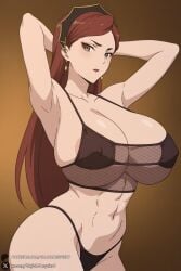 hilda_boreas_greyrat mushoku_tensei mushoku_tensei:_isekai_ittara_honki_dasu unjobdespiert ai_generated 1female looking_at_viewer curvy huge_breasts huge_ass big_breasts big_ass 1girls breasts 2026 artist_name watermark hi_res highres high_quality high_resolution patreon_username patreon 1girl solo armpits long_hair jewelry earrings makeup navel bikini swimsuit arms_behind_head red_hair cleavage brown_background arms_up mature_female fishnets brown_eyes brown_hair black_bikini underwear large_breasts lipstick areola_slip covered_nipples fishnet_top