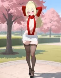ai_generated beautiful_girl blonde_female cleavage crop_top drunk flat_chest green_eyes heavenly_body high_heels lillie_(pokemon) long_socks miniskirt petite_female pokemon pretty_girl sexy slim_female slim_waist slutty_body slutty_female temptation tempting_viewer
