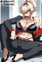 1girl abs ai_generated bare_shoulders belt black_bra black_footwear black_jacket black_pants blonde_hair blue_eyes bra breasts chain choker cleavage clothing collarbone female formal glasses goddess_of_victory:_nikke gold_chain grave_(nikke) hair_intakes hair_over_one_eye high_heels highleg jacket jennieart02 jewelry large_breasts long_hair long_sleeves looking_at_viewer muscular muscular_female navel necklace off_shoulder open_clothes open_jacket panties pants patreon patreon_logo patreon_username pinstripe_pattern pinstripe_suit ponytail semi-rimless_eyewear short_ponytail sidelocks single_bare_shoulder sitting solo spread_legs striped_clothes striped_jacket striped_pants suit sweat twitter twitter_username underwear watermark