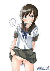 ... anchor_symbol arm_behind_back bangs black_eyes black_skirt blush brown_hair closed_mouth cowboy_shot ebifurya eyebrows_visible_through_hair female fubuki_(kantai_collection) gluteal_fold groin highres kantai_collection lifted_by_self looking_at_viewer low_ponytail no_panties pleated_skirt pubic_hair pussy pussy_juice remodel_(kantai_collection) school_uniform serafuku short_sleeves sidelocks simple_background skirt skirt_lift solo spoken_ellipsis sweat twitter_username white_background