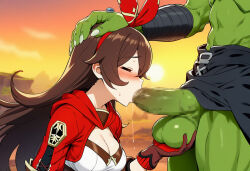 1boy 1girl ai_generated amber_(genshin_impact) balls ballsack big_balls big_breasts big_penis blush blushing breasts brown_hair closed_eyes clothed clothing countsentrid digimon digimon_(species) dripping ears eyebrows female genshin_impact glove gloves green_skin hand_on_balls hands headband hi_res interspecies long_hair male male/female muscles muscular muscular_male ogremon pants penis rock rocks shirt string strings sun sunlight sunset