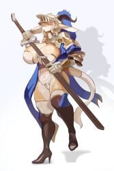 1girls absurd_res anthro armor big_breasts blonde_hair blue_eyes celinia_(cervina7) dragon female female_only floppy_ears full_body heel_boots helmet horns huge_breasts knee_boots original pussy_pasty rachel_kaniar24 smile solo sword tail thick_thighs thigh_squish thighhighs weapon white_background white_thighhighs