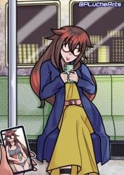 1girl big_glasses brown_hair date_a_live dress female female/male female_focus flat_chest glasses holding holding_phone light-skinned_female light_skin long_hair nerd night nudes_on_phone otaku phone pluchearts pov pov_hands pov_male sexting sitting small_breasts smartphone striped_stockings subway takajo_hiroki train train_interior underwear yellow_dress