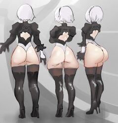 1girls alternate_body_type ass ass_expansion ass_focus big_ass bobaulo clothing female hairband huge_ass leotard light-skinned_female light_skin nier nier:_automata rear_view short_hair thighhighs white_hair yorha_2b