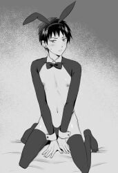 saiki_kusuo_no_psi_nan saiki_kusuo solo solo_focus solo_male bunny_boy bunnysuit bunny_costume bunny_ears nipples femboy femboy_only bratty brat cute_face long_socks thighhighs thigh_highs