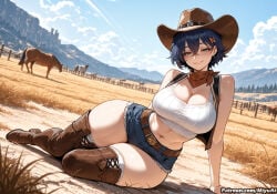 1girl ai_assisted ai_generated bangs bare_shoulders belle_(zenless_zone_zero) belt boots breasts building cleavage cloud collarbone cowgirl cowgirl_outfit curvaceous curvy curvy_female curvy_figure day denim denim_shorts female green_eyes grin hat huge_breasts looking_at_viewer miyuai outdoors short_hair short_shorts shorts sitting sky smile solo tagme thick thick_ass thick_butt thick_hips thick_legs thick_thighs thigh_boots thighhighs thighs voluptuous voluptuous_female wide_hips wide_thighs zenless_zone_zero